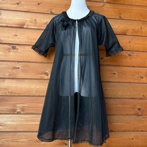 50s Vanity Fair Sheer Black Lace Flower Chiffon Peignoir Robe Hollywood Lingerie